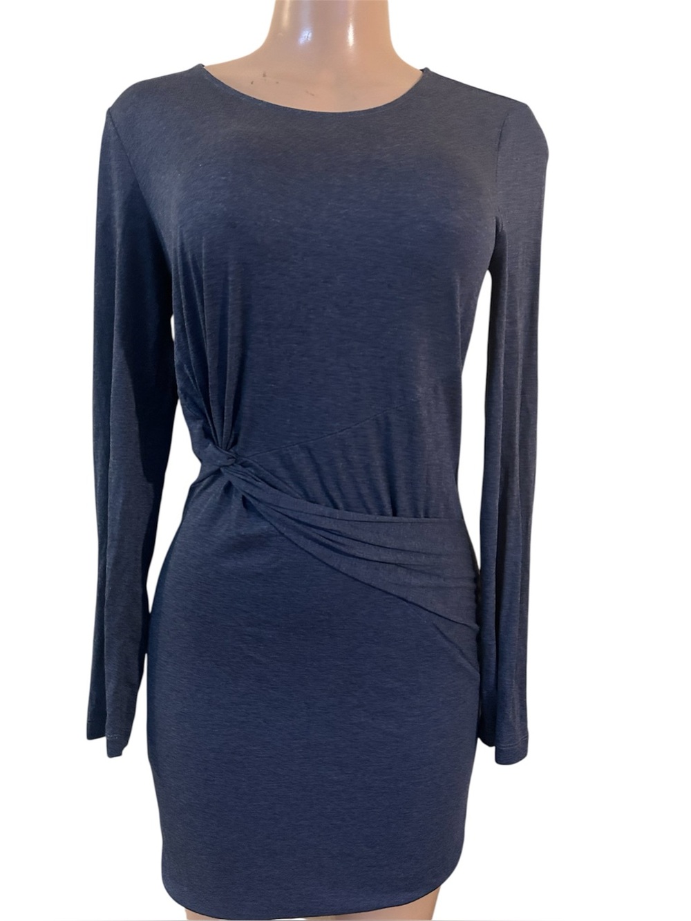Wasabi + Mint M Black Long Sleeve Round Neck Ties On Side Stretch Cotton Dress